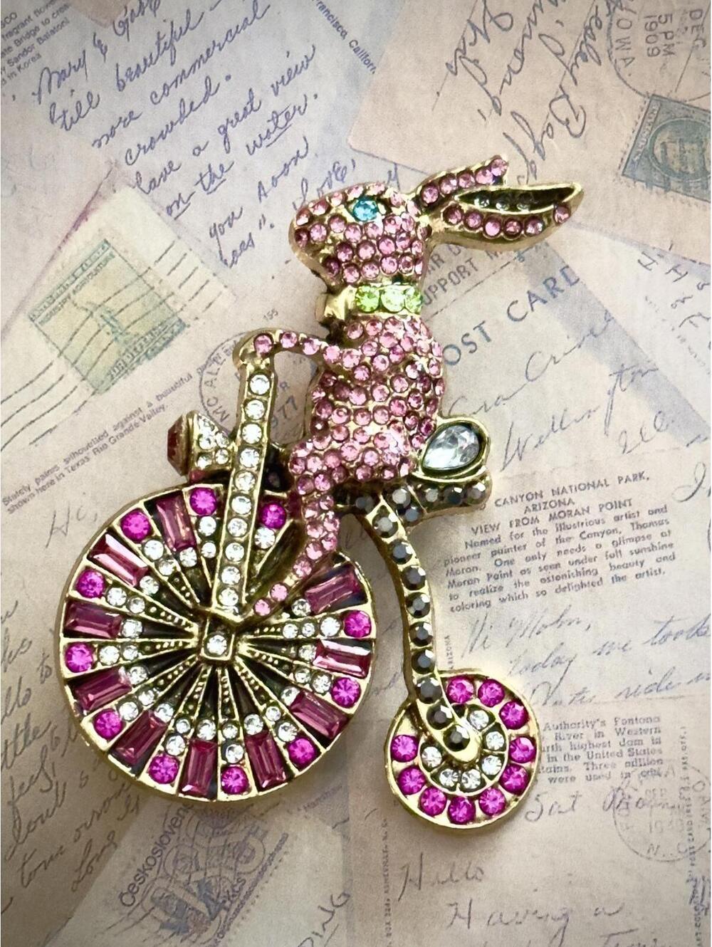 Vintage Rhinestone Bunny Bicycle Brooch – Figural Statement Jewelry